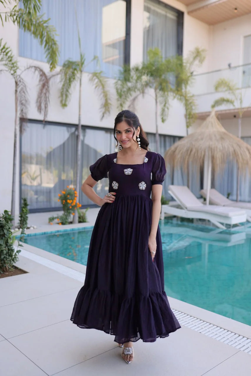 dark purple puff sleeve gown full front view
