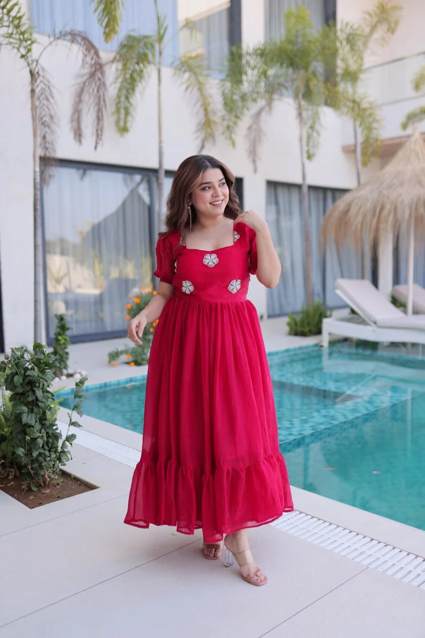 rani pink puff sleeve gown standing front view