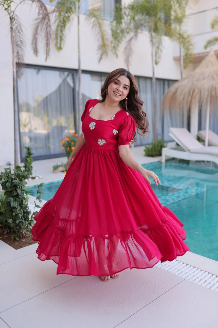 puff sleeve gown rani pink full twirl with ruffle hem