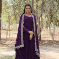 Royal purple tiered frill anarkali gown with gold sequin scallop embroidered dupatta – front view