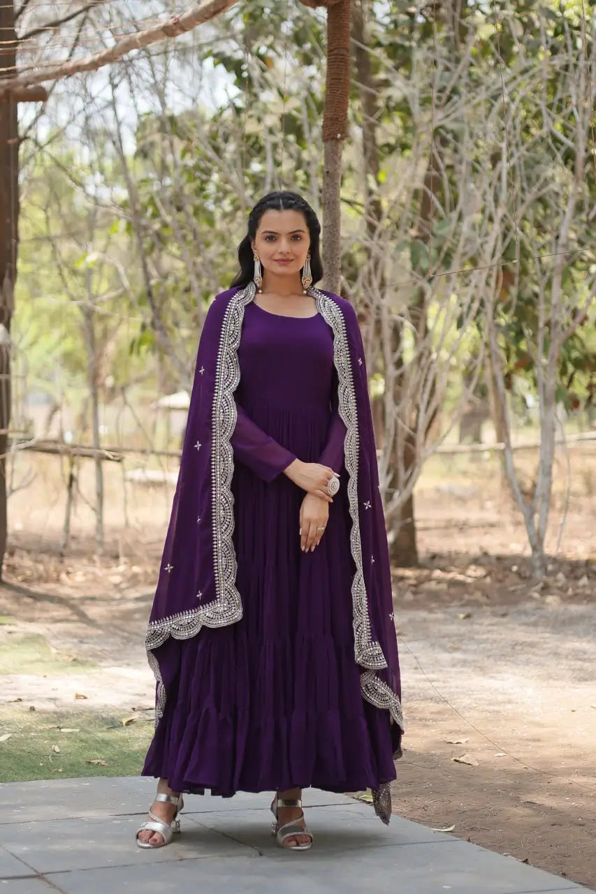 Royal purple tiered frill anarkali gown with gold sequin scallop embroidered dupatta – front view