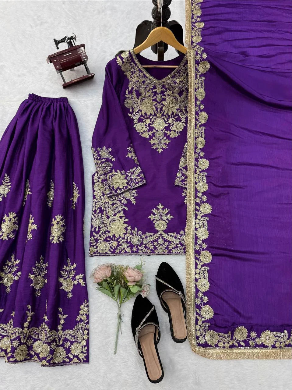Purple chinon silk 3-piece sharara set flat lay with kurti palazzo dupatta