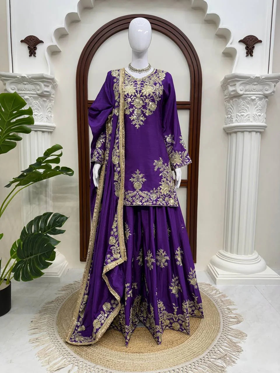 Purple chinon silk sharara set full view with gold thread and sequin embroidery