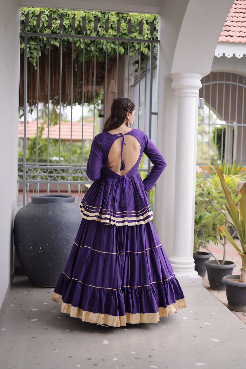 Purple cotton lehenga choli back view – open back dori tie design with gota patti border
