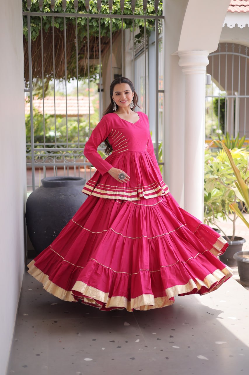 Purple cotton lehenga choli front view – tiered skirt with gota patti lace detailing