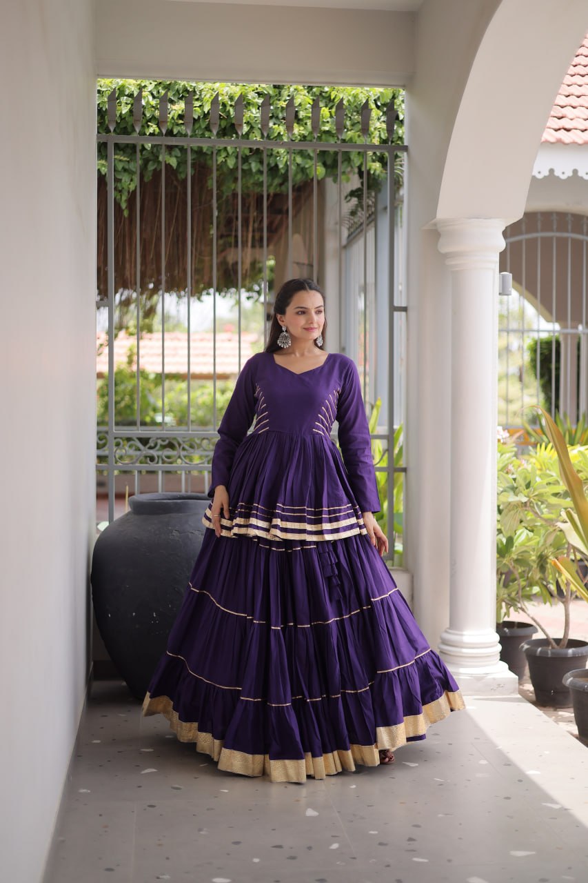 Purple navratri cotton lehenga choli – peplum top with gota patti and golden lace work