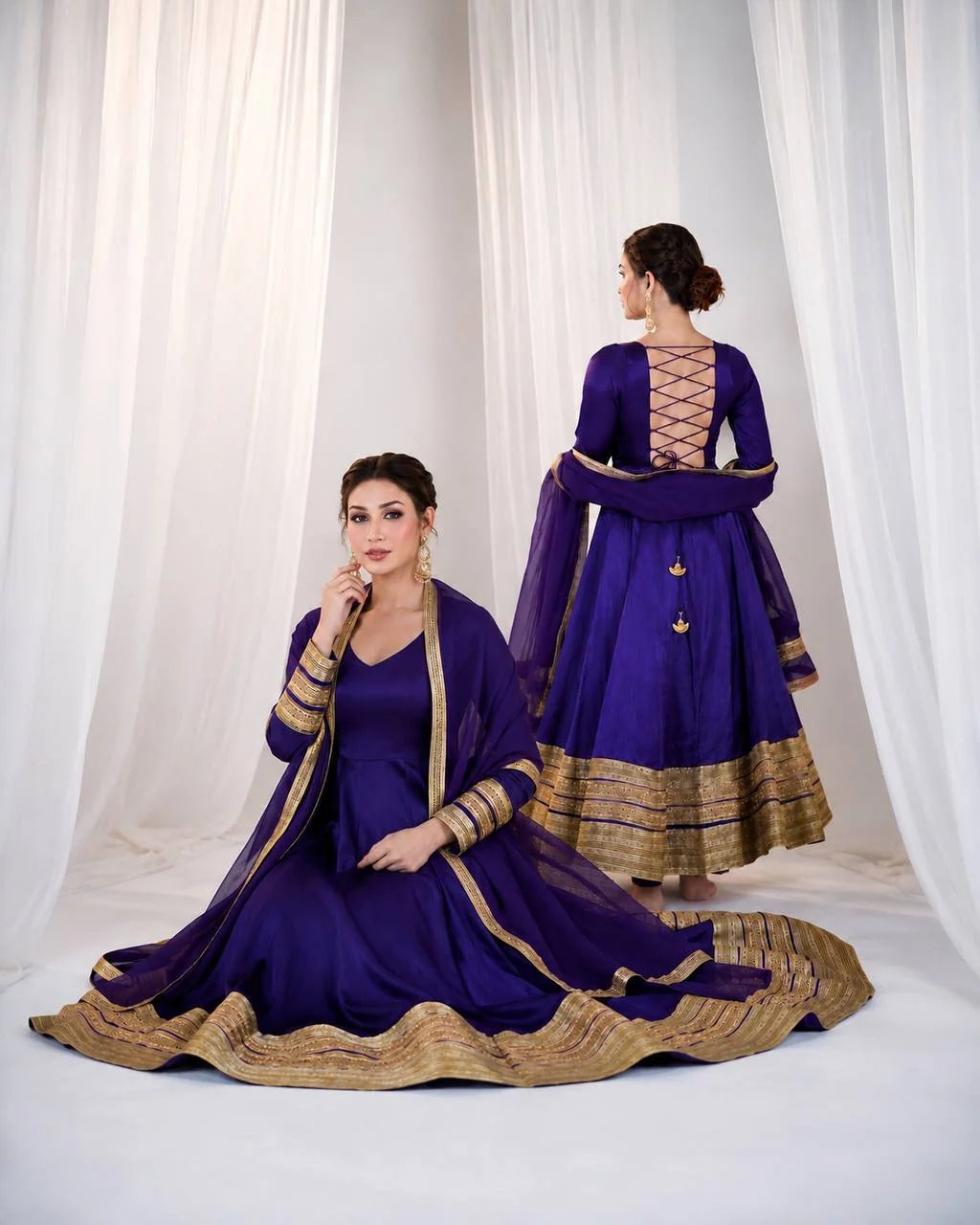 Purple silk anarkali gown set front and back view with embroidered dupatta