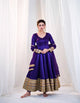 Full length purple silk anarkali gown with gold sequin border and micro pant