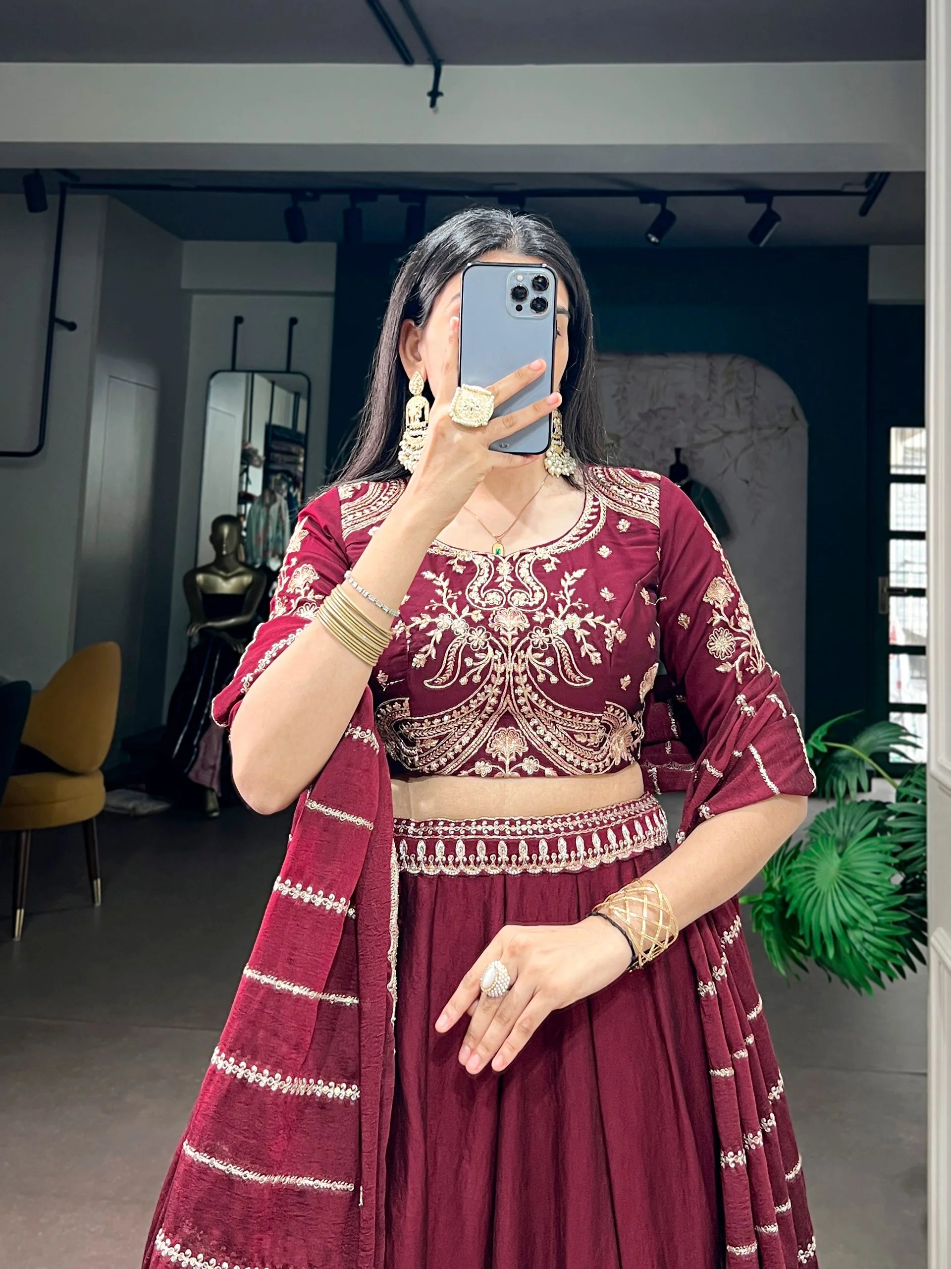 Maroon lehenga choli sequin belt embroidery blouse detail