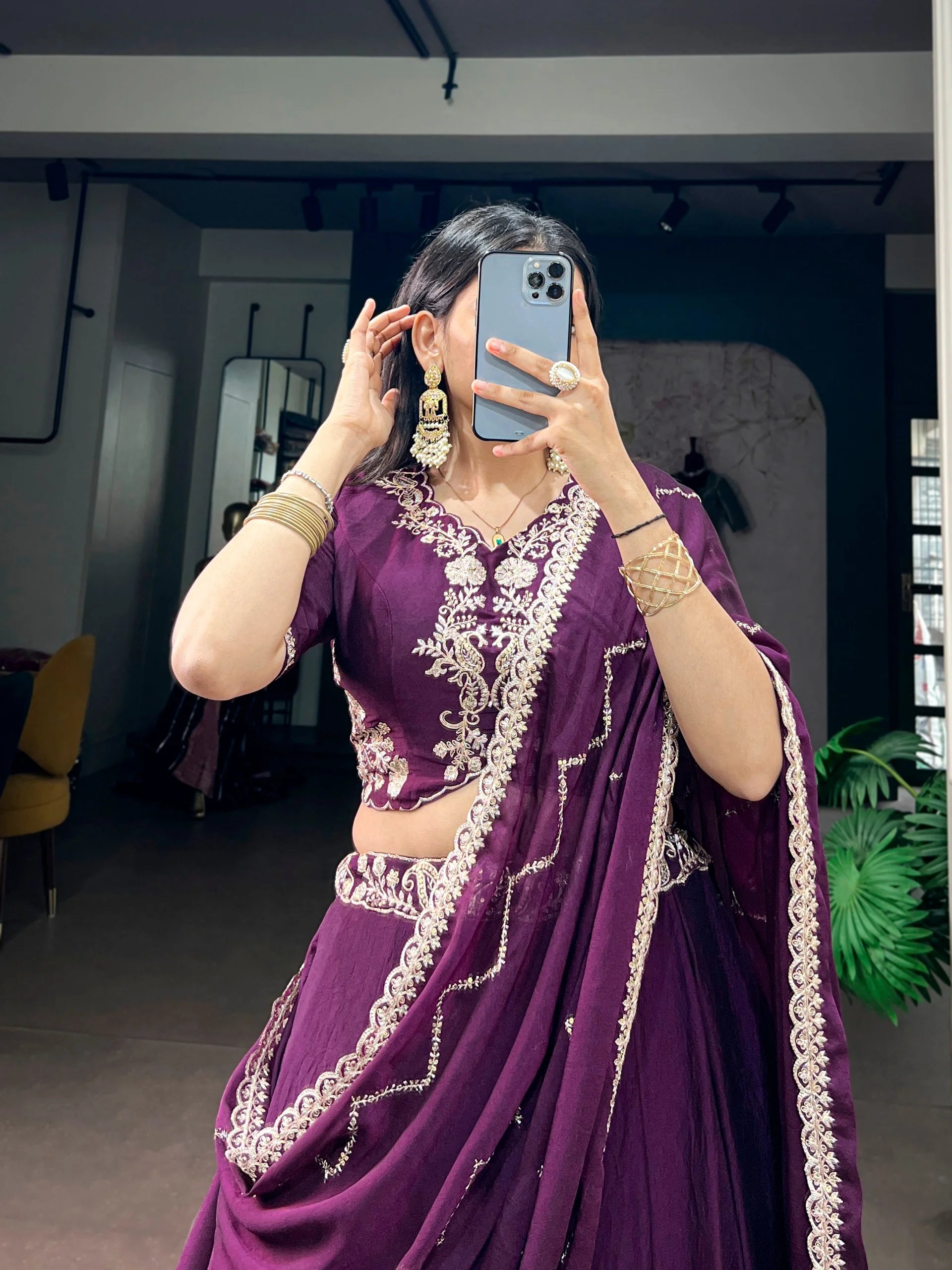Purple lehenga choli heavy embroidery blouse sequin belt detail