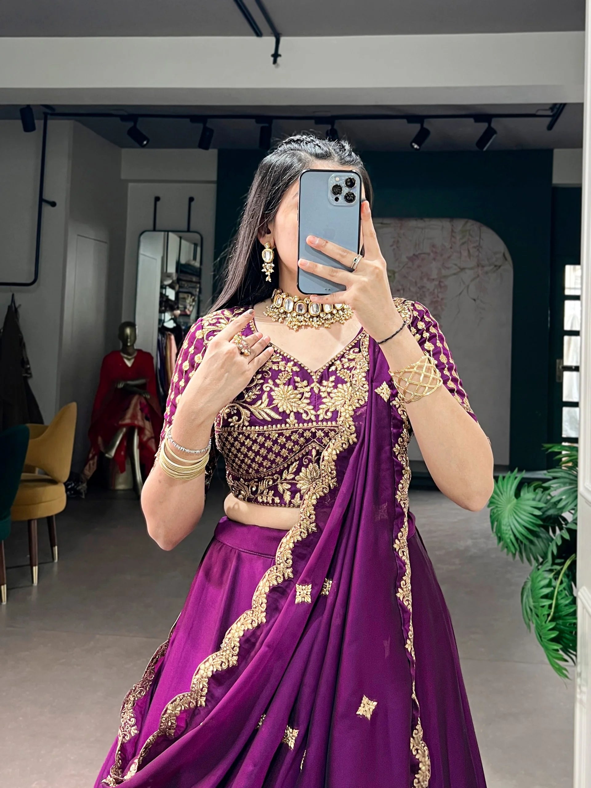 purple lehenga choli set dupatta sequin border detail