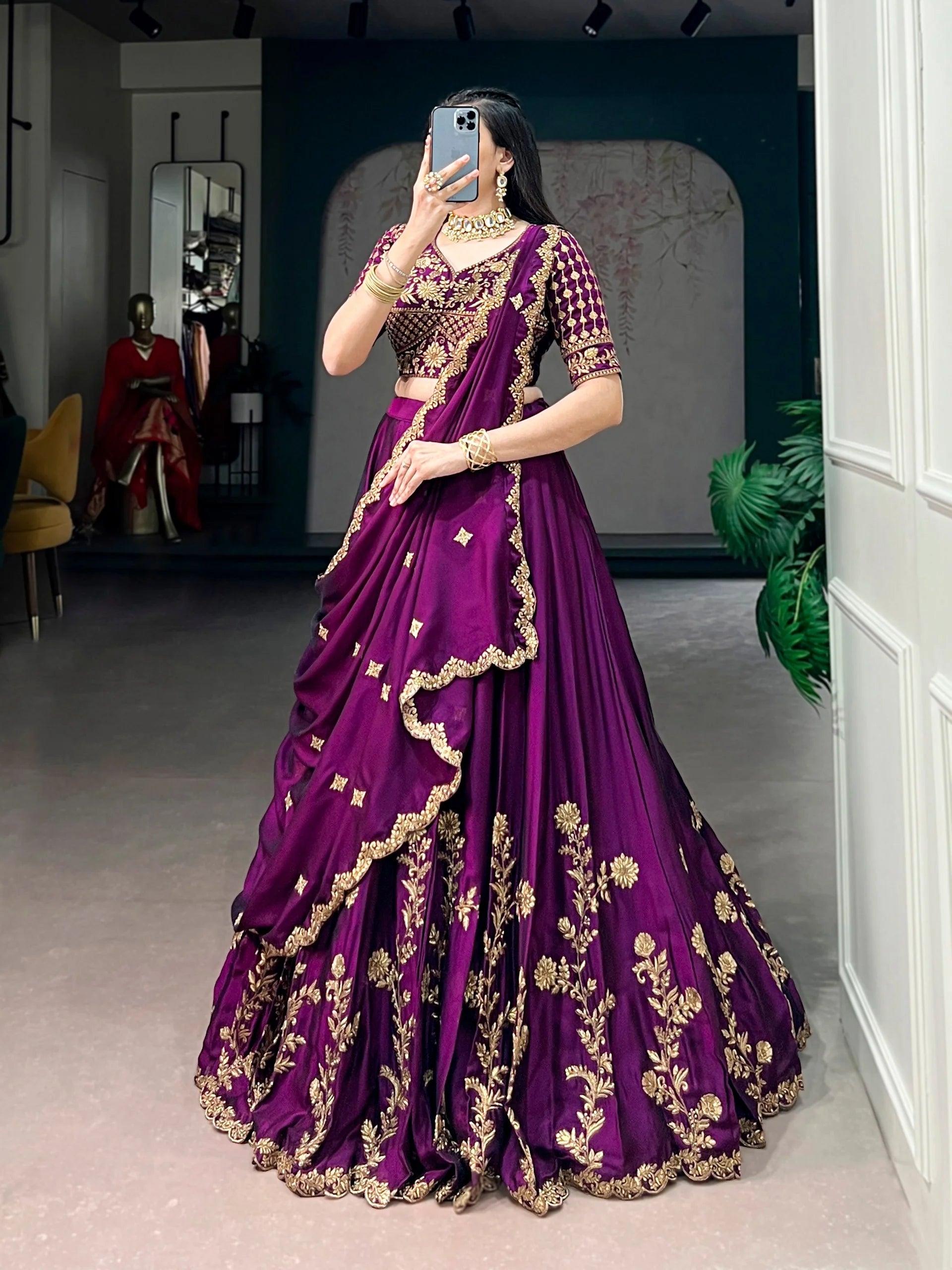 purple rangoli silk lehenga choli set full view