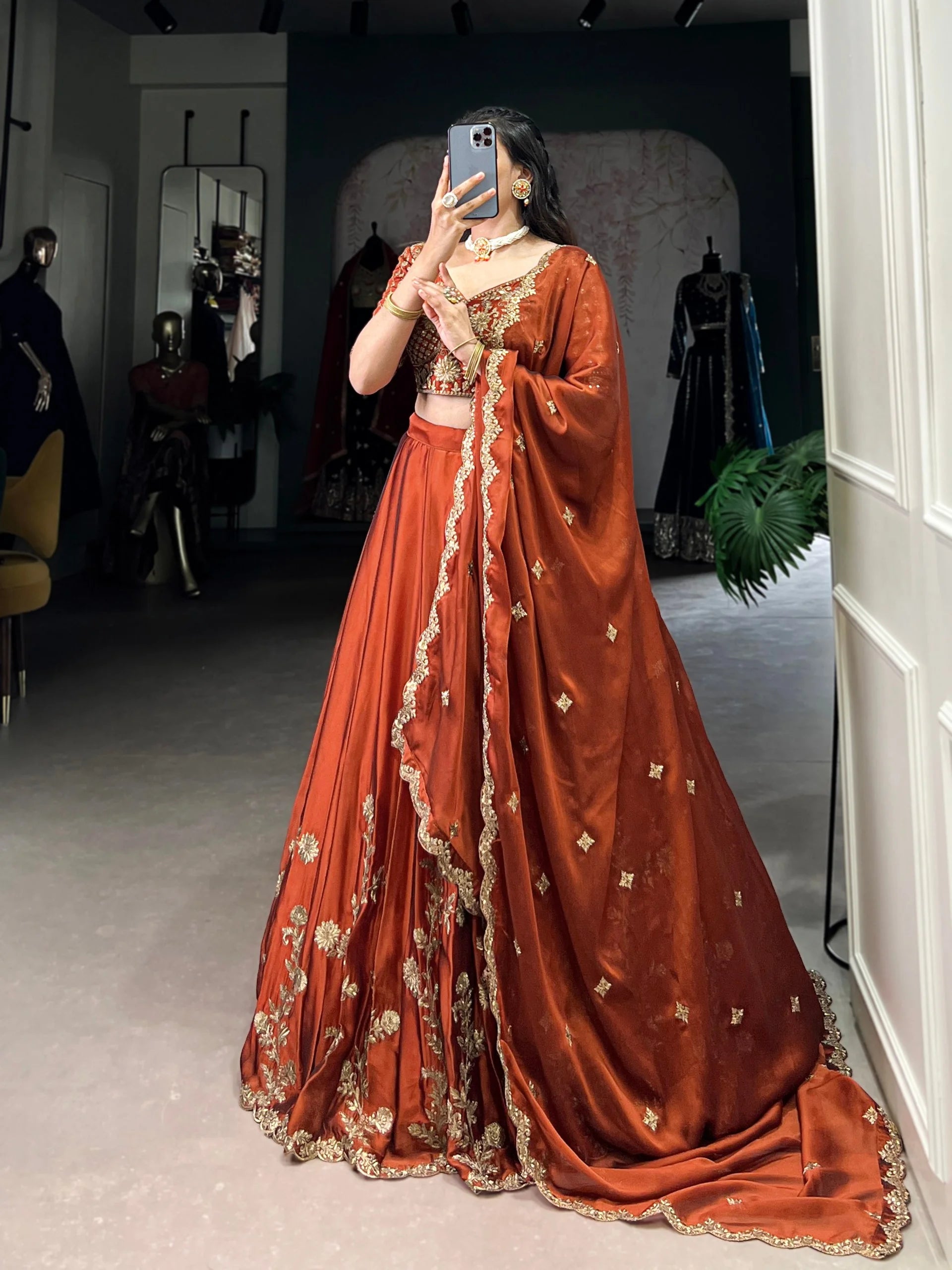 rust rangoli silk lehenga choli set front view