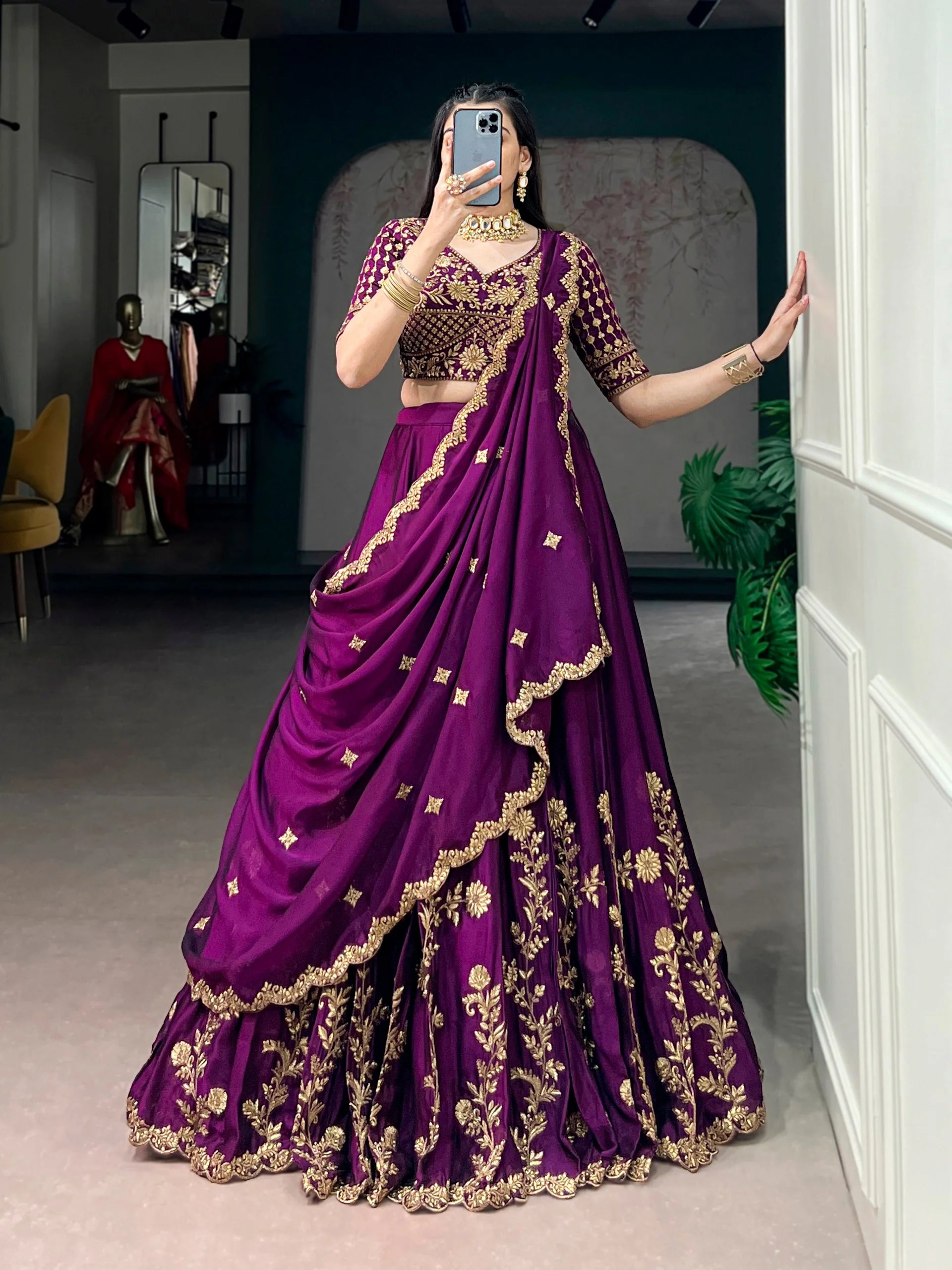 rust rangoli silk lehenga choli full floor length view
