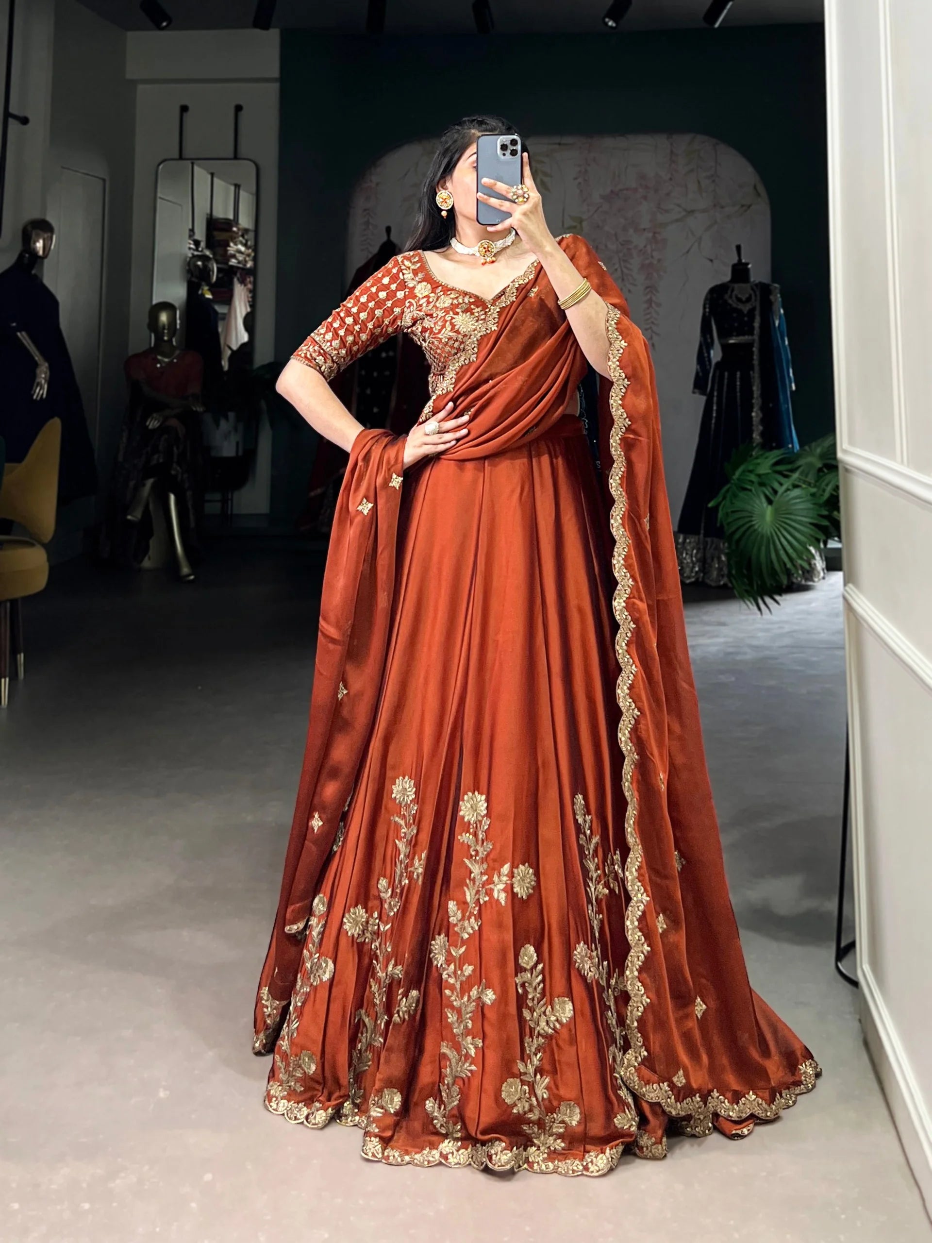 rangoli silk lehenga choli rust side length view