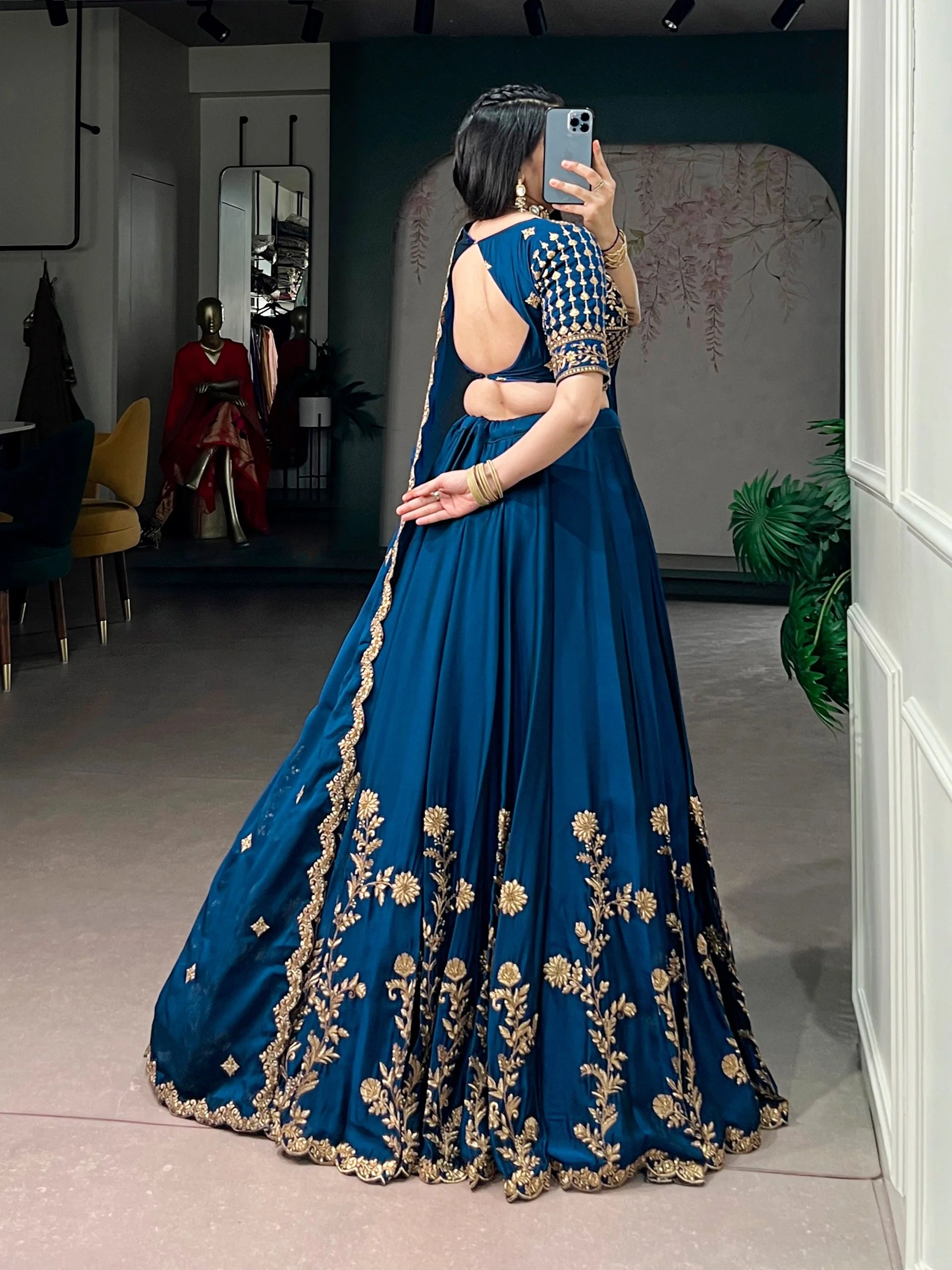 rangoli silk lehenga choli teal blue back open blouse