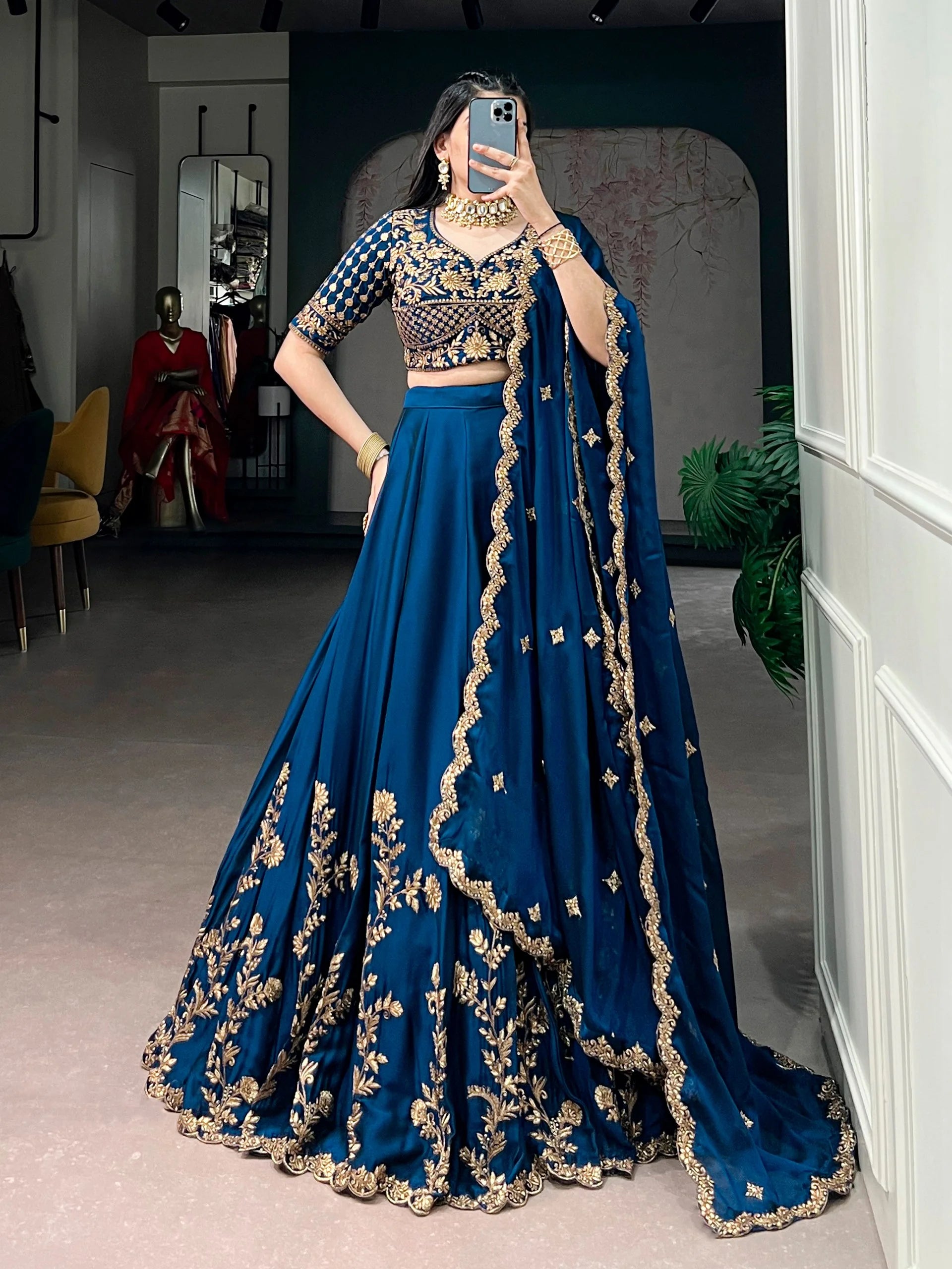 teal blue rangoli silk lehenga choli set full length