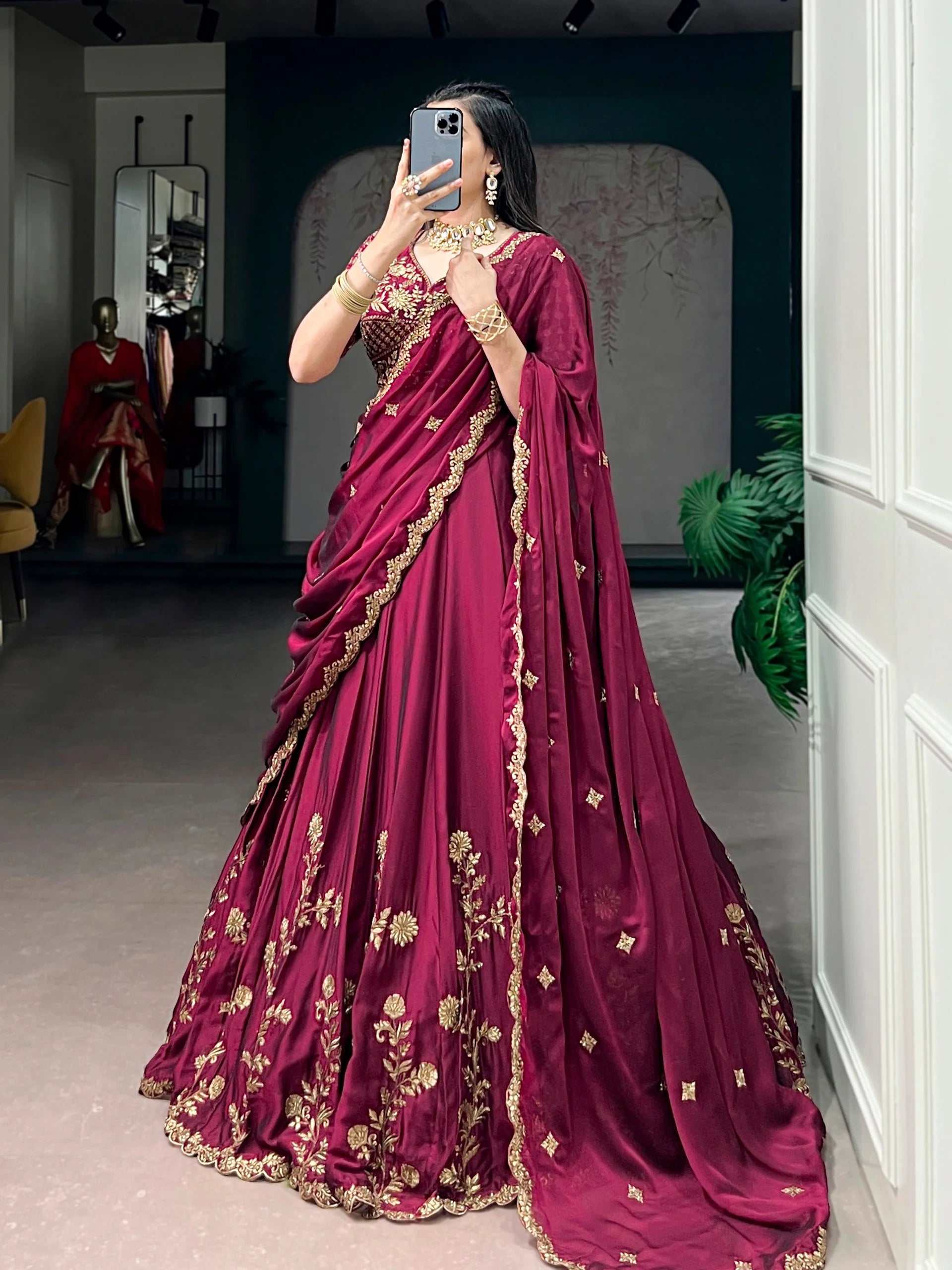 rangoli silk lehenga choli wine back view floor length