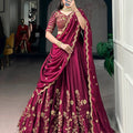 rangoli silk lehenga choli set wine full view with dupatta