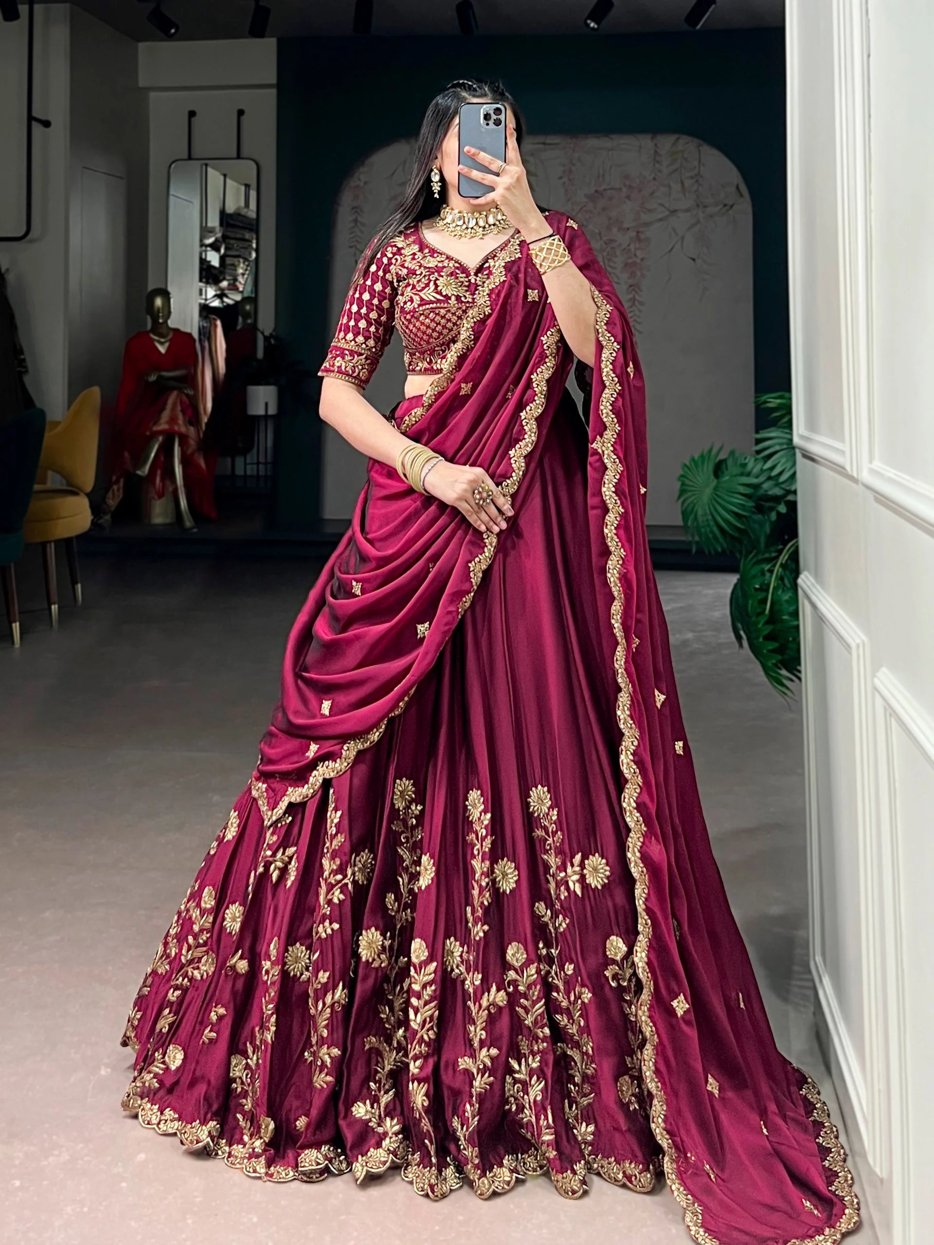 rangoli silk lehenga choli set wine full view with dupatta