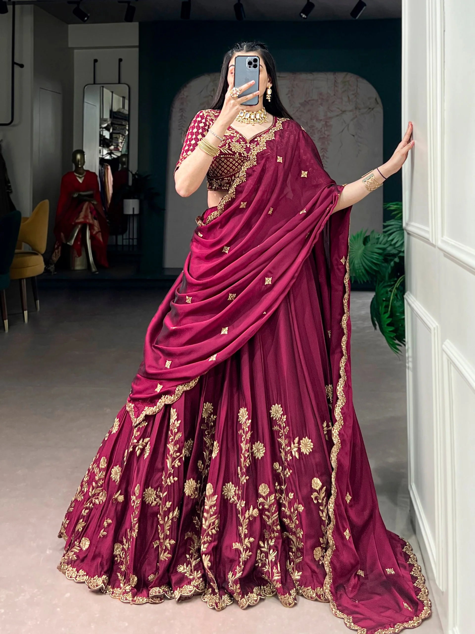 wine rangoli silk lehenga choli side drape view
