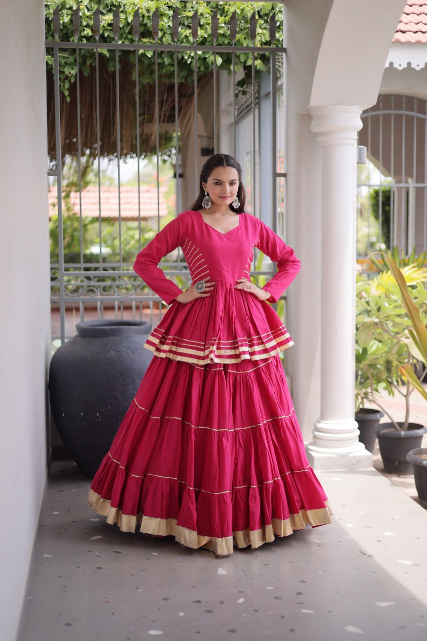 Rani pink cotton lehenga choli front view – full length with 12 metre flair and gota border