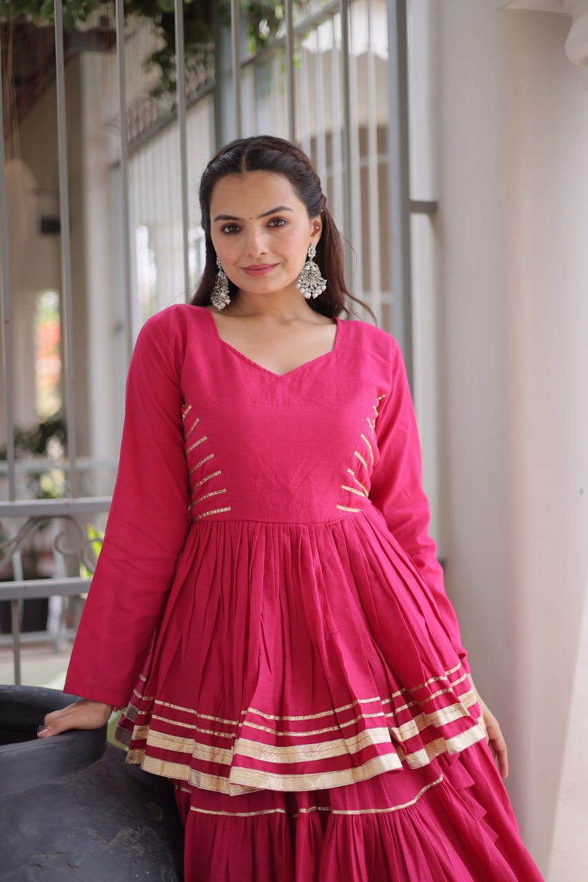 Rani pink cotton lehenga choli peplum top – gota patti and golden lace embroidery detail