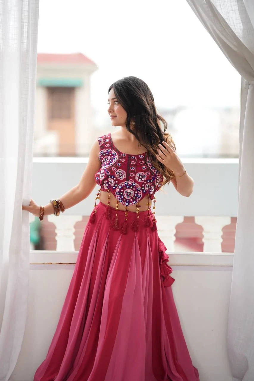 rani pink crop top lehenga with mirror work choli side view