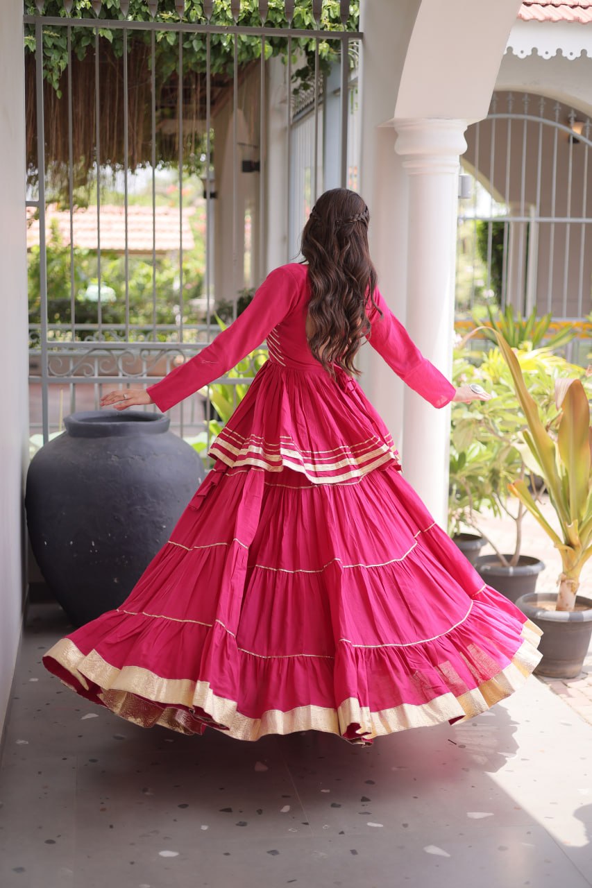 Rani pink lehenga choli back twirl – 4-layer tiered skirt with gota patti detailing