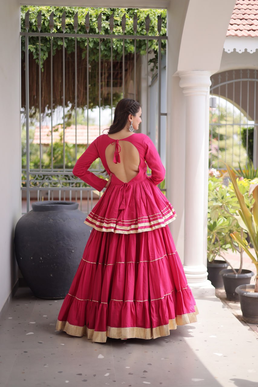 Rani pink navratri lehenga choli back view – open back dori tie with golden lace trim