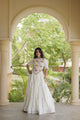 White rayon chaniya choli with mirror-lace skirt panels and Kutchi blouse, full view