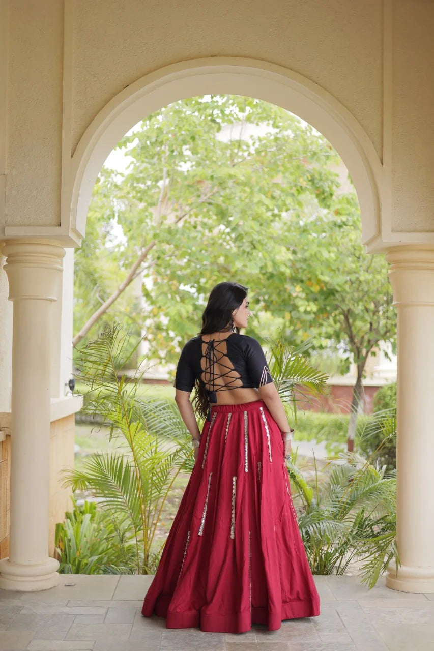 Maroon chaniya choli blouse back with lace-up dori, view