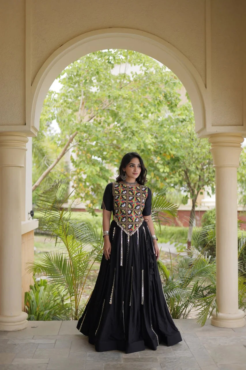 Black rayon chaniya choli with mirror-lace skirt panels and Kutchi blouse, full view