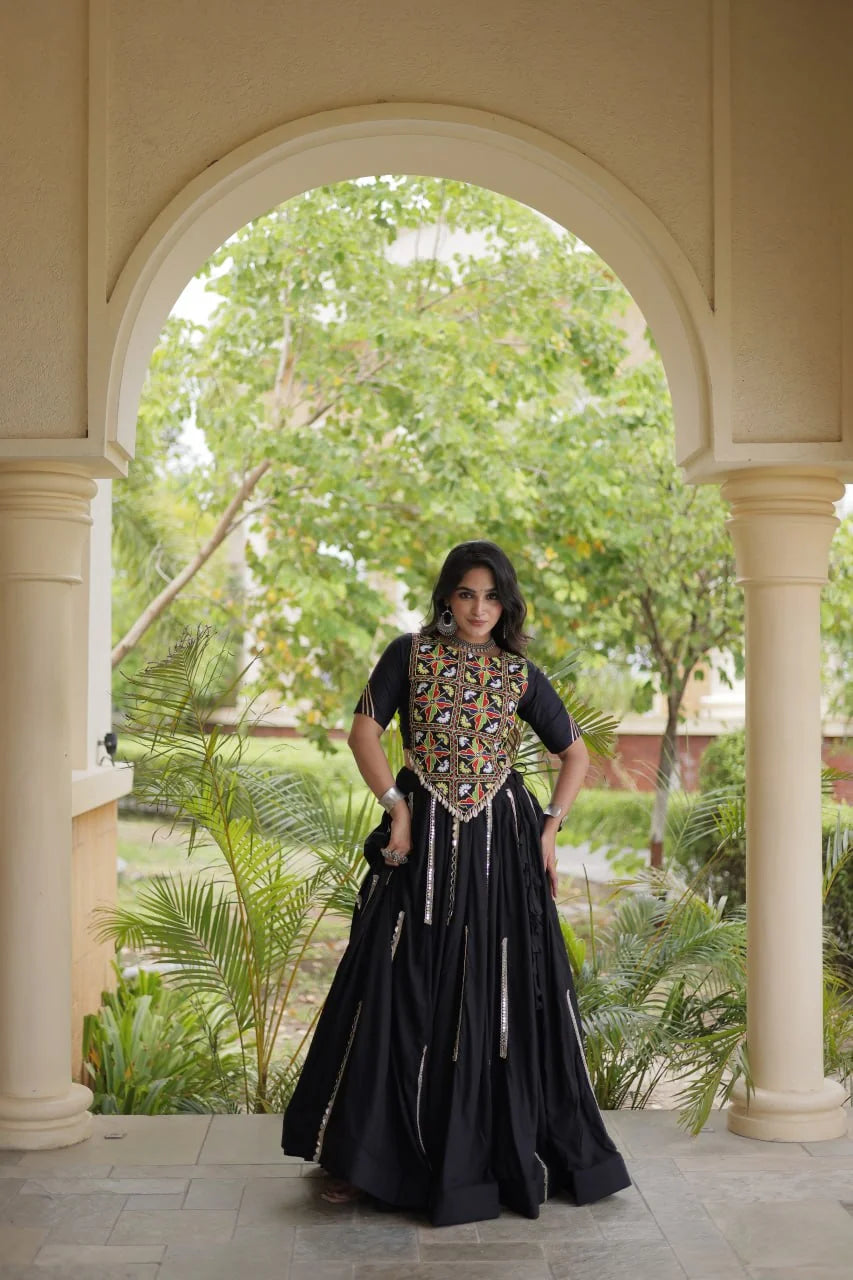 Black chaniya choli front with mirror-lace strips and a Kutchi crop blouse, view