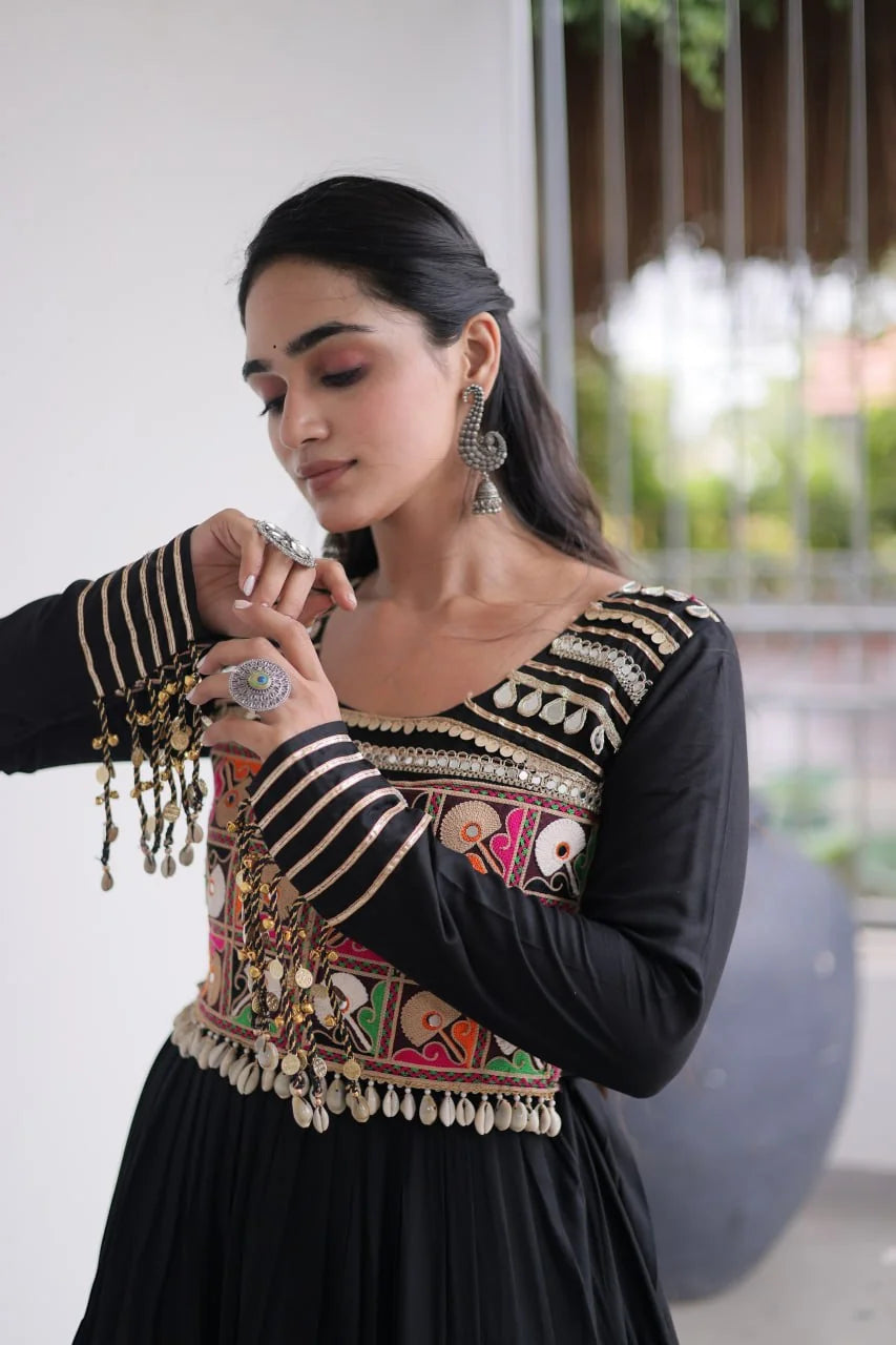 Rayon kutchi gamthi gown navratri black yoke closeup mirror embroidery coin dangles