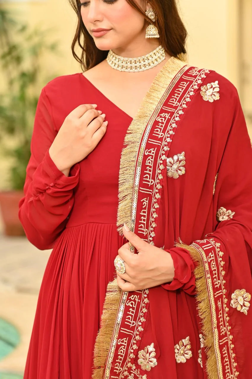 red anarkali gown script border dupatta closeup