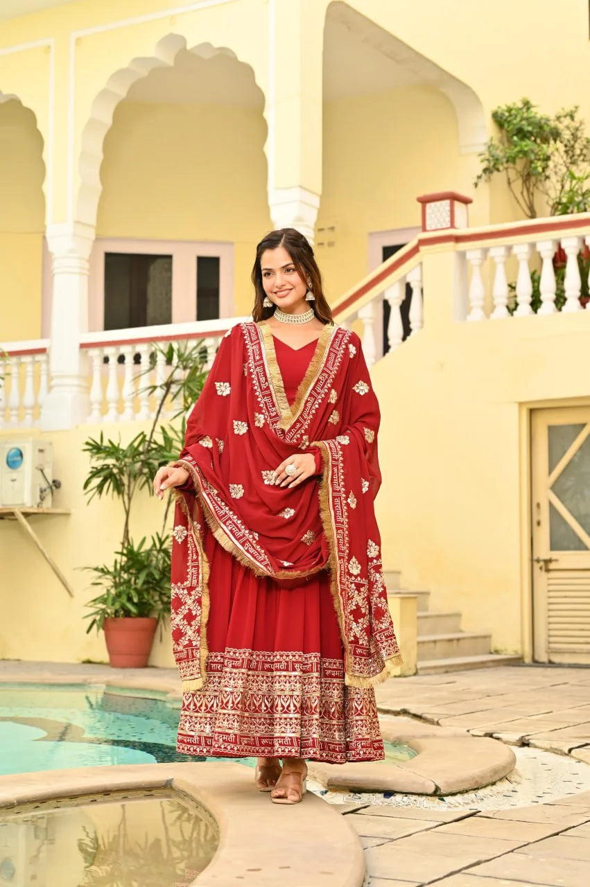 red anarkali gown with dupatta full front view
