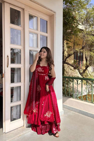 Red Embroidered Fendy Silk Anarkali Palazzo Set with Dupatta