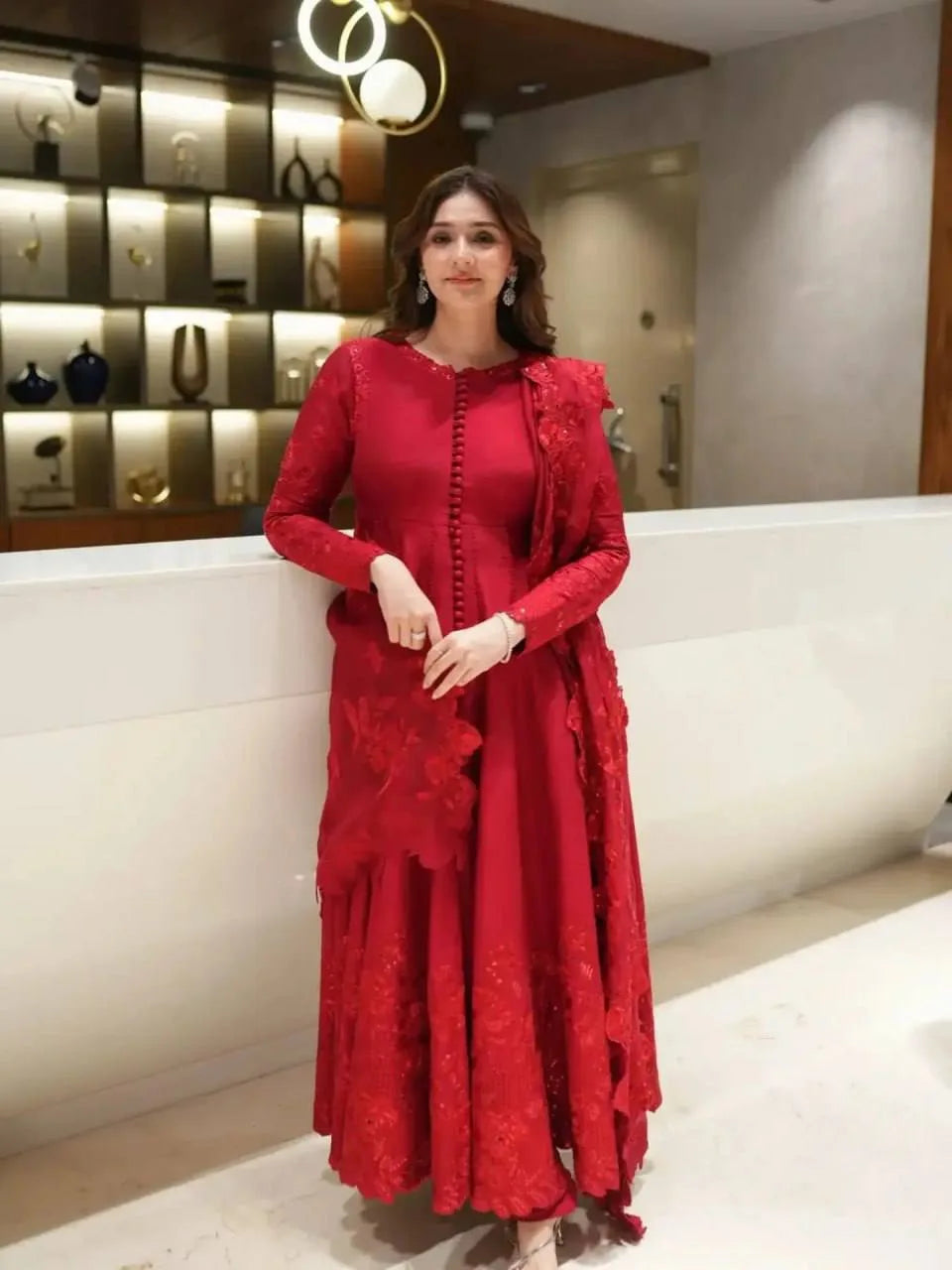 Full-length red vichitra silk anarkali suit set with button-placket front and net dupatta — front view