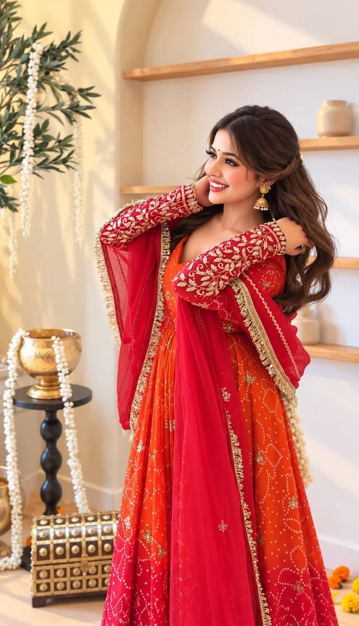 Red bandhani anarkali gown seated festive portrait with gold embroidered sleeves