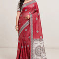 Red chaapa silk saree front view with Madhubani pallu and unstitched blouse piece