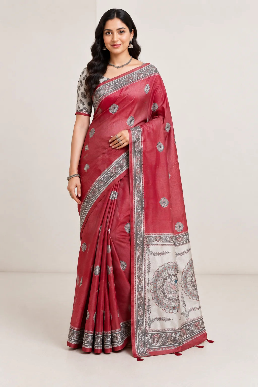 Red chaapa silk saree front view with Madhubani pallu and unstitched blouse piece