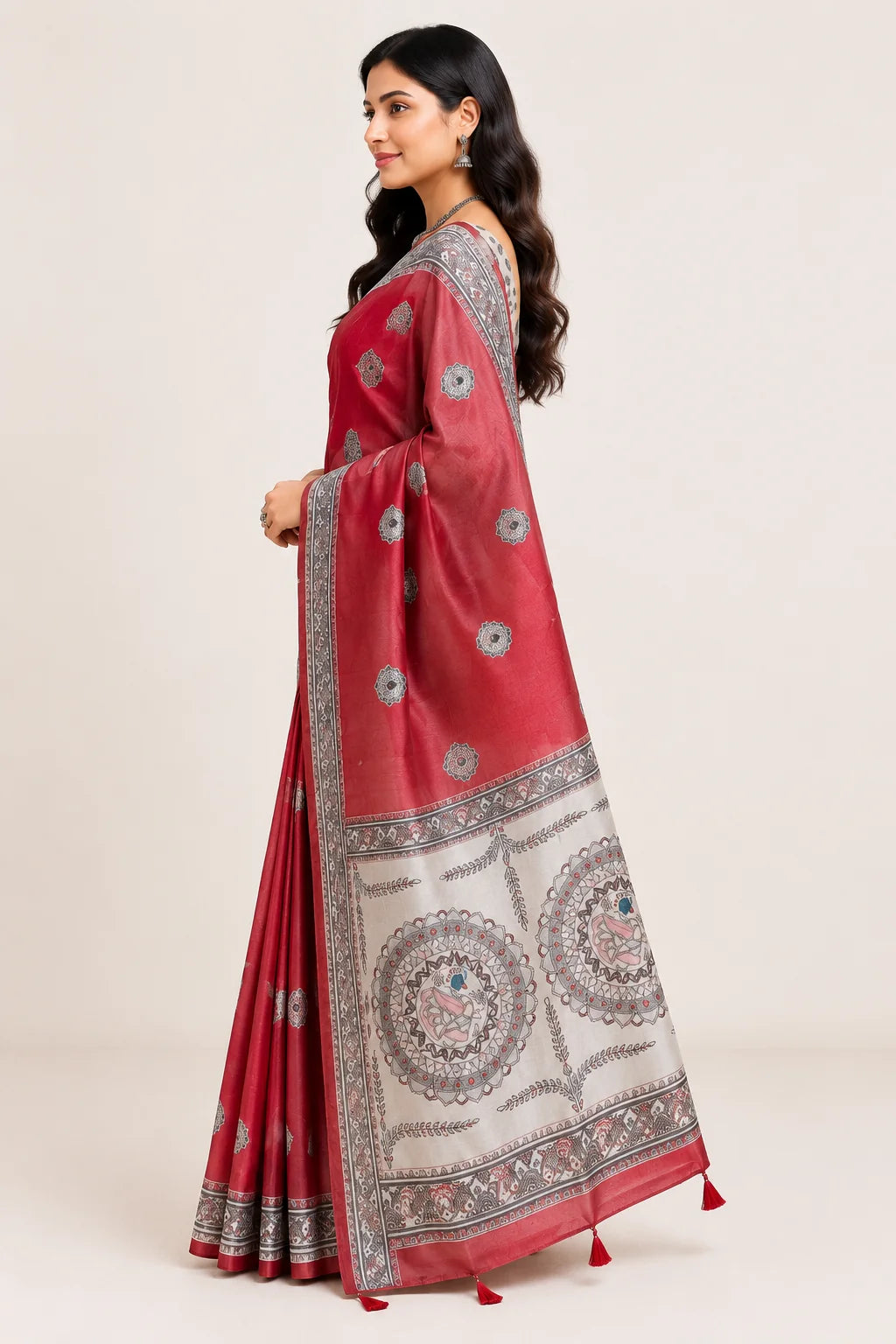 Red chaapa silk saree side view showing Madhubani circular mandala print and border