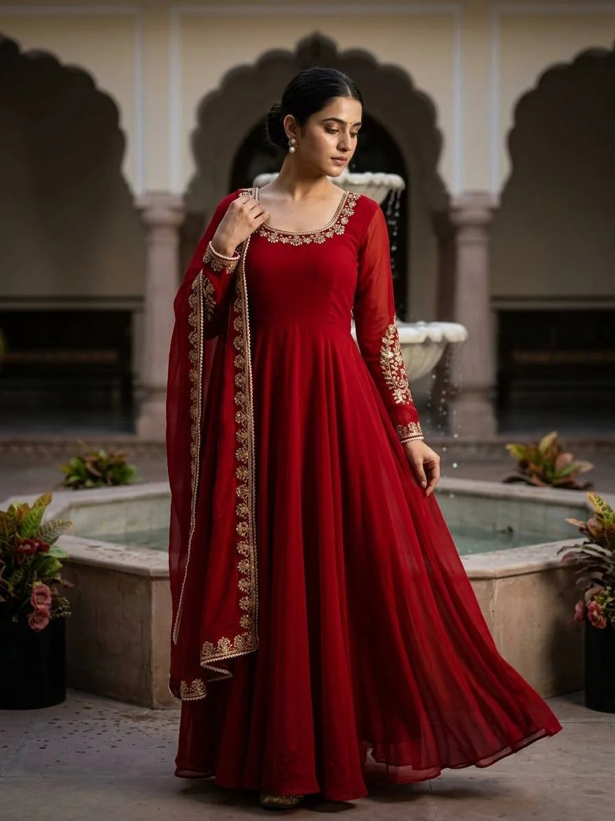Red fox georgette gown with embroidery moti work full length front view at Rajasthani haveli