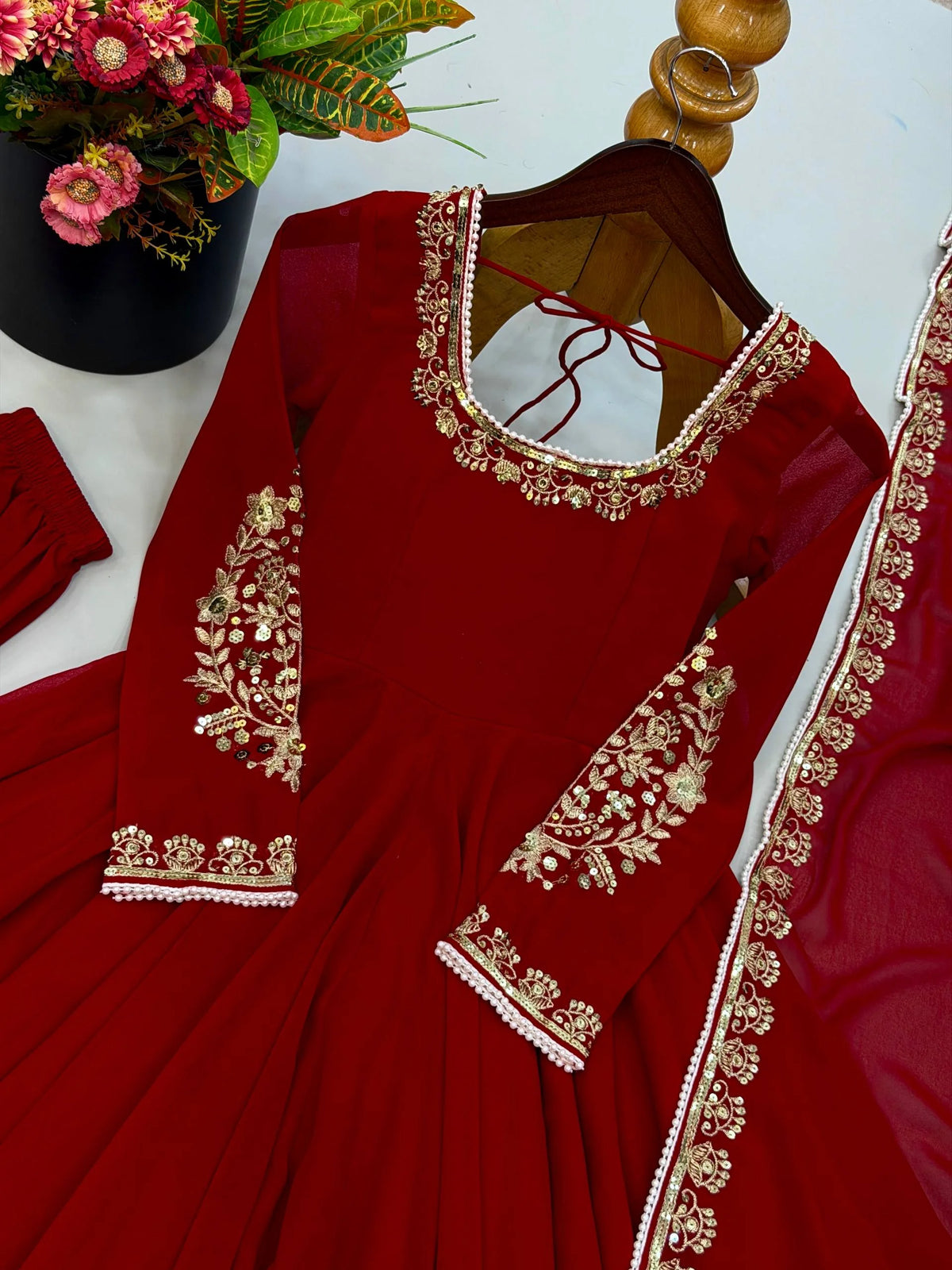 Red fox georgette gown neckline and sleeve embroidery moti sequin work flat product view