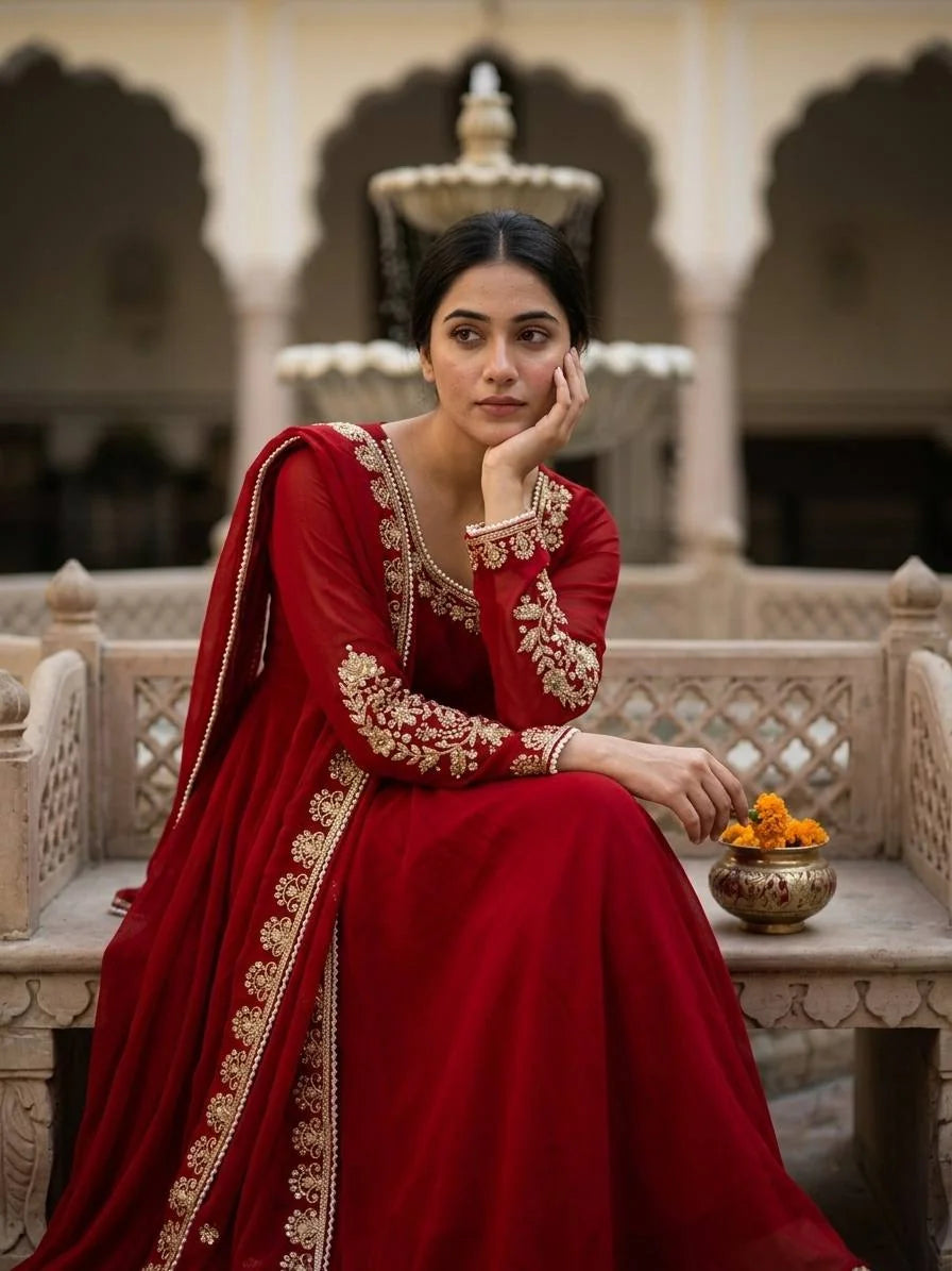 Red fox georgette gown with embroidery seated portrait gold floral spray sleeves