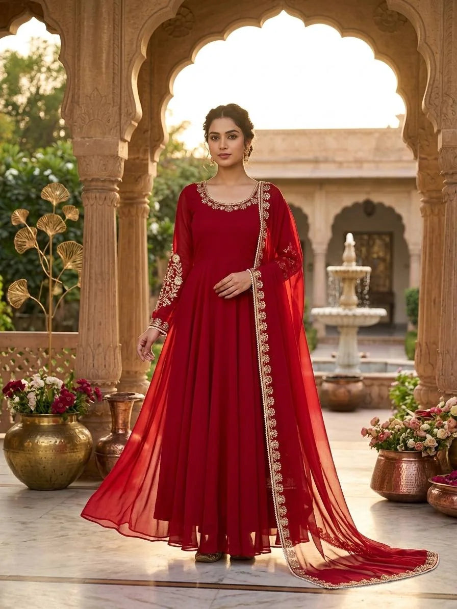 Red fox georgette gown with sequin moti lace dupatta full flare Rajasthani courtyard