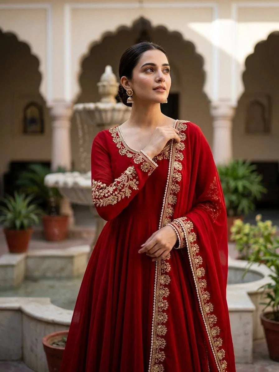 Red fox georgette gown half-length portrait showing gold embroidery moti sleeve detail