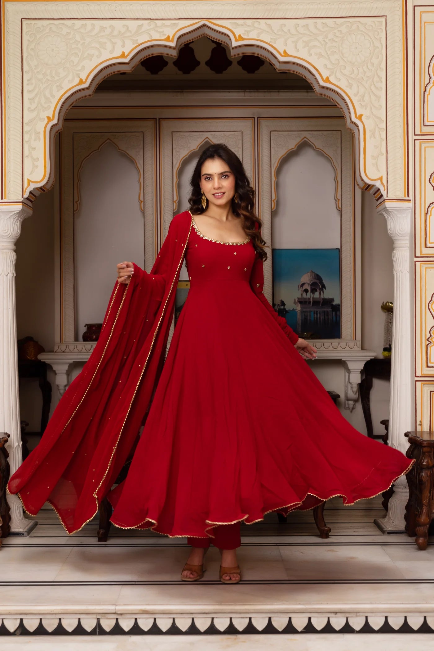 Red georgette anarkali suit set with gold zari butas and georgette dupatta – full view