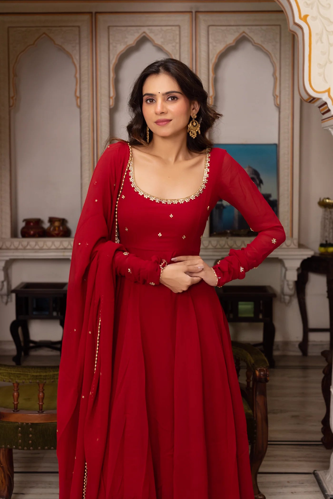 Red georgette anarkali suit set with scattered zari butas and scoop neck – front view